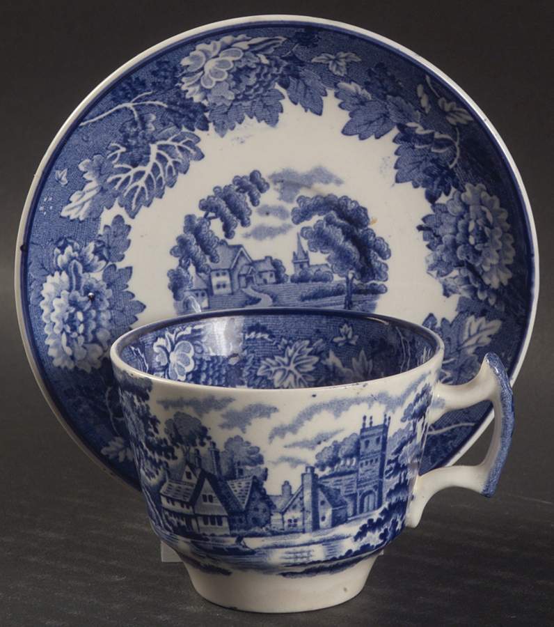 English Scenery Blue (Old Backstamp, Smooth) Flat Demitasse Cup & Saucer Set by Wood & Sons-1