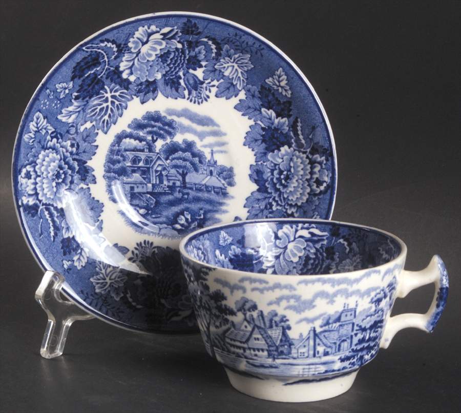 English Scenery Blue (Old Backstamp, Smooth) Flat Cup & Saucer Set by Wood & Sons-1