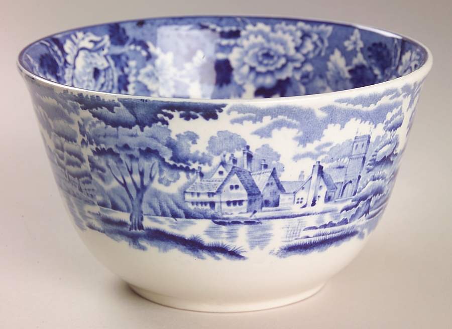 English Scenery Blue (Old Backstamp, Smooth) Cranberry Bowl by Wood & Sons-1