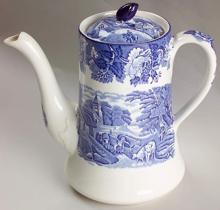 English Scenery Blue (Old Backstamp, Smooth) Coffee Pot & Lid by Wood & Sons-1