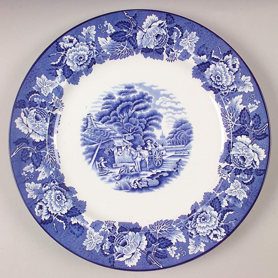English Scenery Blue (Old Backstamp, Smooth) 12" Chop Plate (Round Platter) by Wood & Sons-1