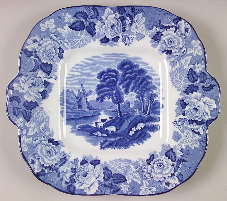 English Scenery Blue (Old Backstamp, Smooth) Square Handled Cake Plate by Wood & Sons-1