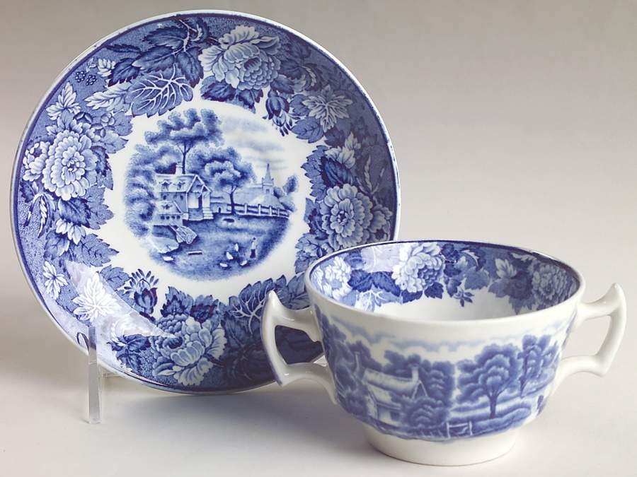 English Scenery Blue (Old Backstamp, Smooth) Flat Bouillon Cup & Saucer by Wood & Sons-1