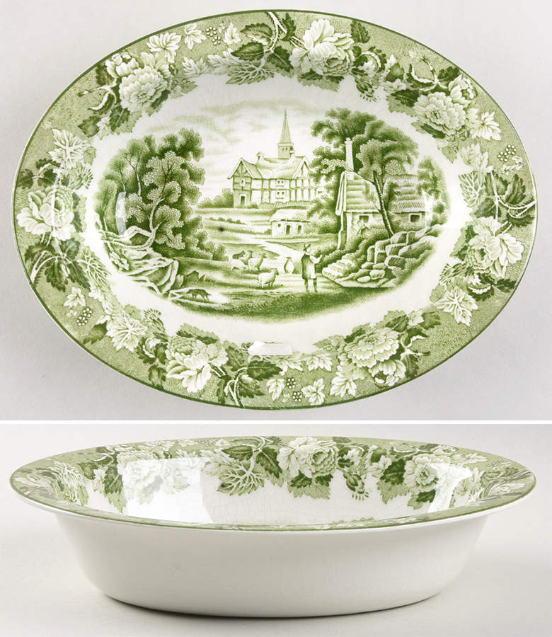English Scenery Green (Smooth) 8" Oval Vegetable Bowl by Wood & Sons-1