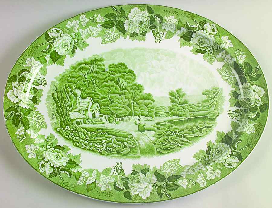 English Scenery Green (Smooth) 16" Oval Serving Platter by Wood & Sons-1