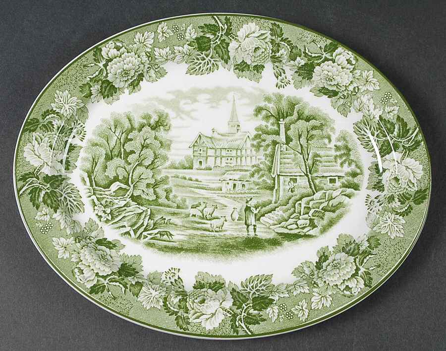 English Scenery Green (Smooth) 10" Oval Serving Platter by Wood & Sons-1