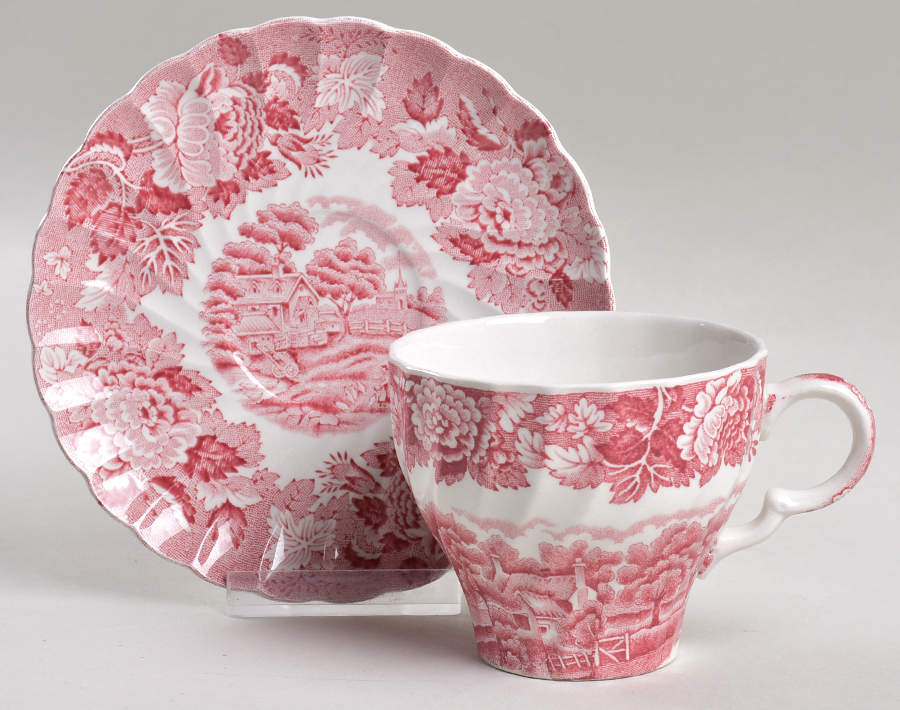 English Scenery Pink (Pink Backstamp, Swirled) Flat Cup & Saucer Set by Wood & Sons-1