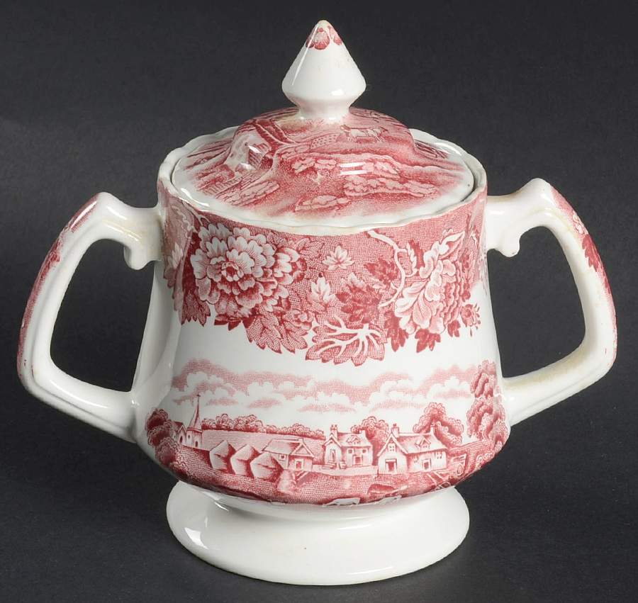 English Scenery Pink (Pink Backstamp, Swirled) Sugar Bowl & Lid by Wood & Sons-1
