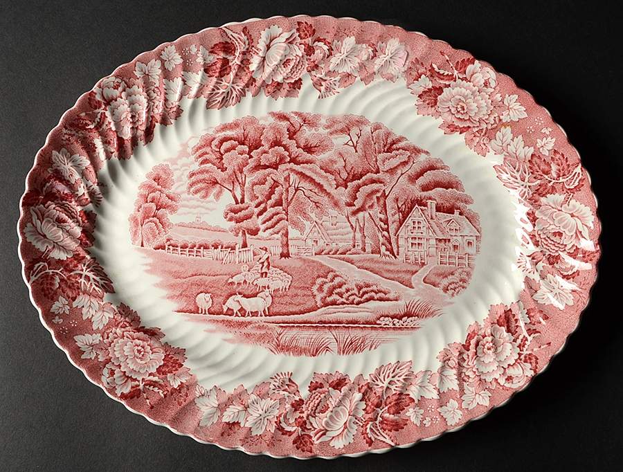 English Scenery Pink (Pink Backstamp, Swirled) 12" Oval Serving Platter by Wood & Sons-1
