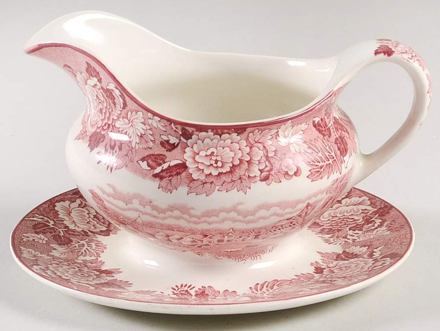 English Scenery Pink (Older, Smooth) Round Gravy Boat/Attached Underplate by Wood & Sons-1