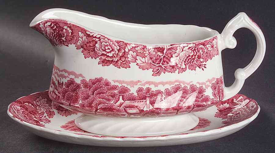English Scenery Pink (Pink Backstamp, Swirled) Gravy Boat & Underplate by Wood & Sons-1