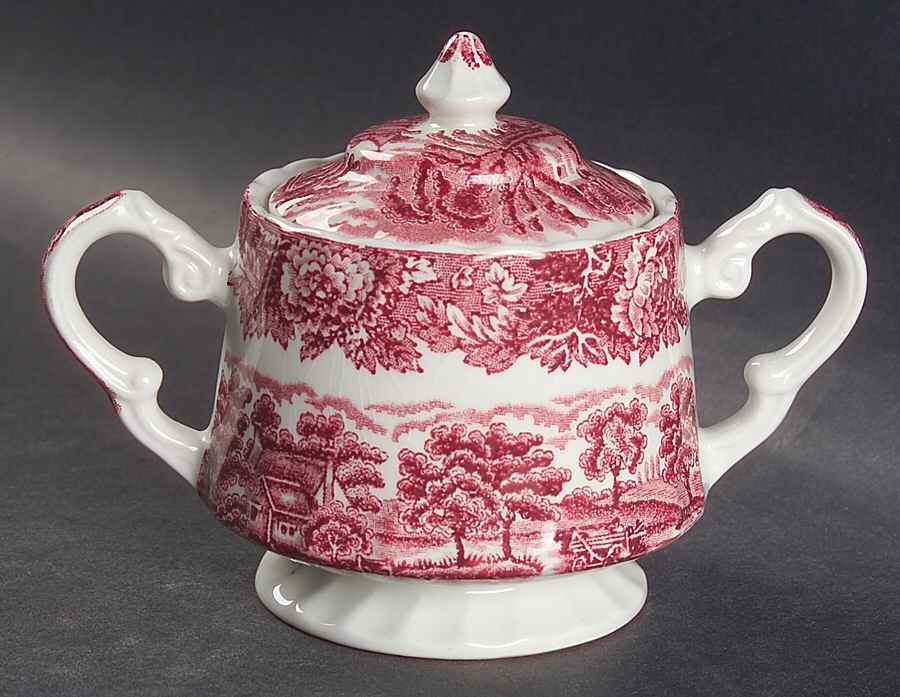 English Scenery Pink (Pink Backstamp, Swirled) Sugar Bowl & Lid by Wood & Sons-1