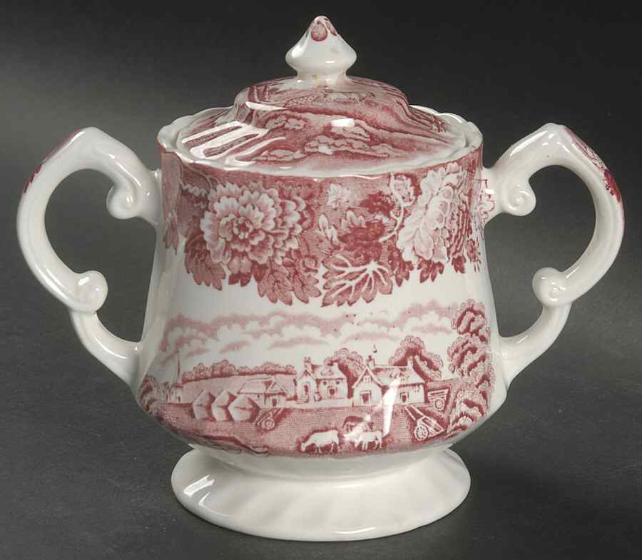 English Scenery Pink (Pink Backstamp, Swirled) Sugar Bowl & Lid by Wood & Sons-1