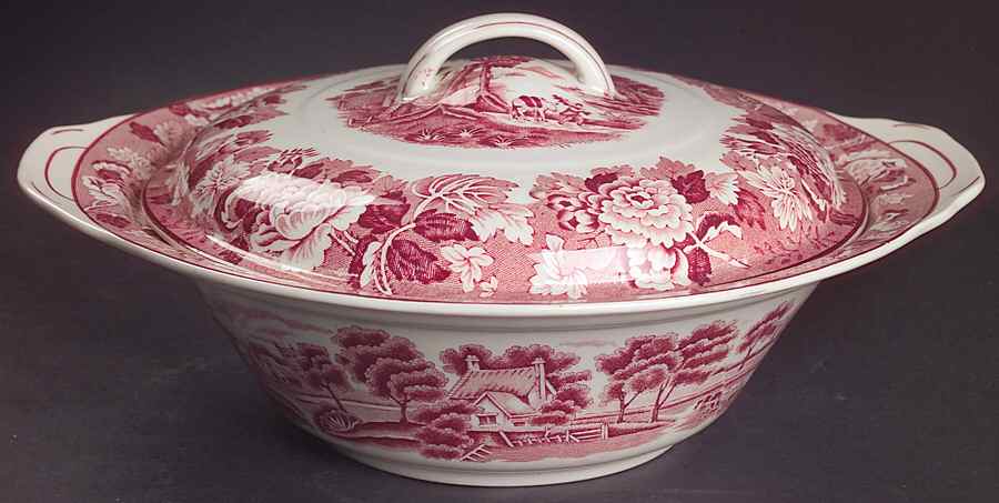 English Scenery Pink (Pink Backstamp, Swirled) Round Covered Vegetable by Wood & Sons-1