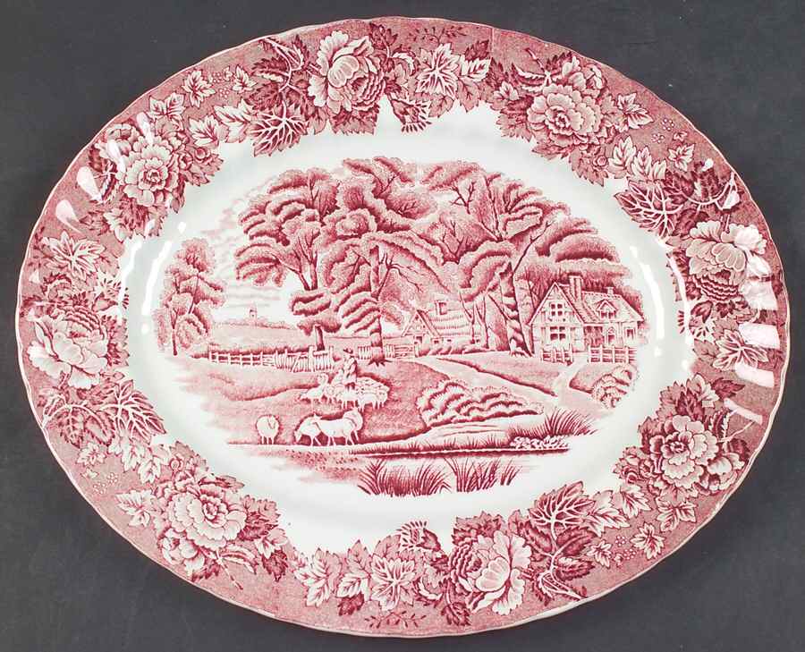 English Scenery Pink (Pink Backstamp, Swirled) 11" Oval Serving Platter by Wood & Sons-1