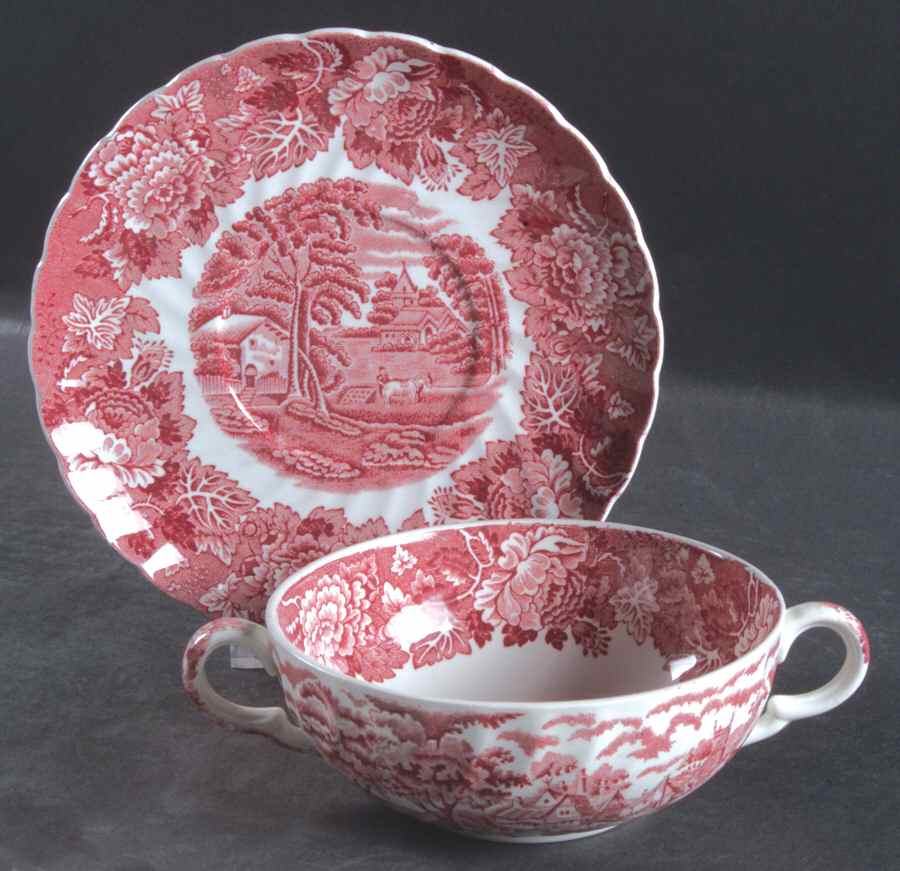English Scenery Pink (Pink Backstamp, Swirled) Flat Cream Soup Bowl & Saucer Set by Wood & Sons-1