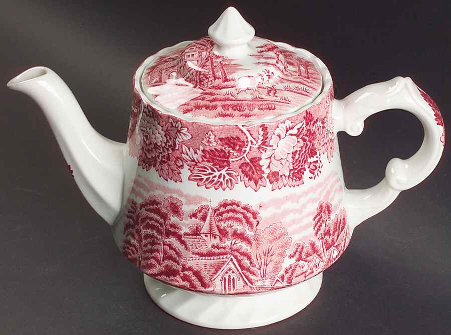 English Scenery Pink (Pink Backstamp, Swirled) Teapot & Lid by Wood & Sons-1