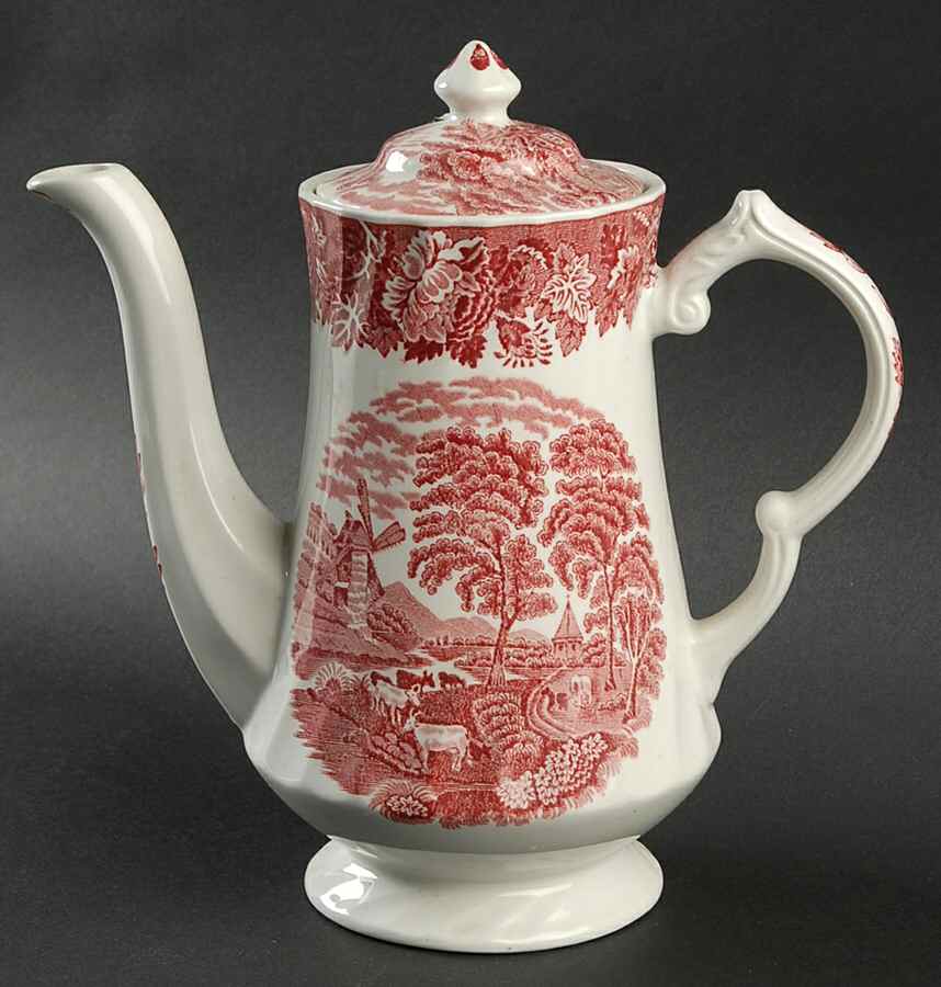 English Scenery Pink (Pink Backstamp, Swirled) Coffee Pot & Lid by Wood & Sons-1