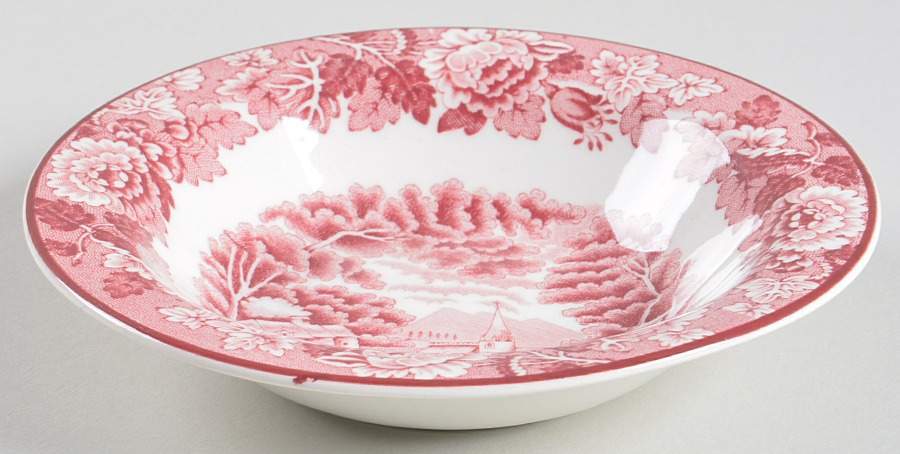 English Scenery Pink (Older, Smooth) Rim Fruit/Dessert (Sauce) Bowl by Wood & Sons-1