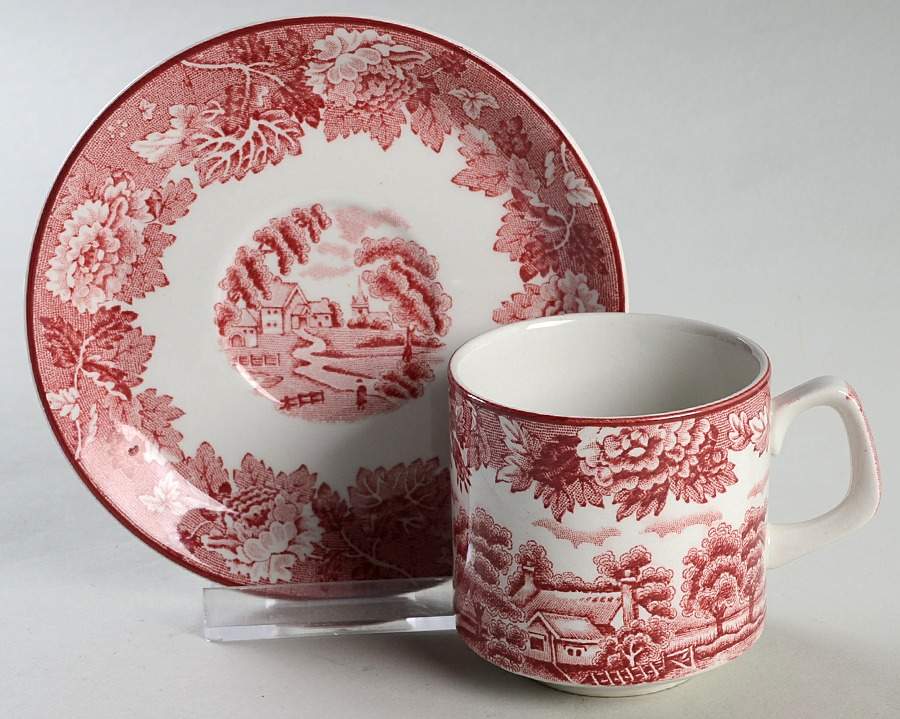 English Scenery Pink (Older, Smooth) Flat Demitasse Cup & Saucer Set by Wood & Sons-1
