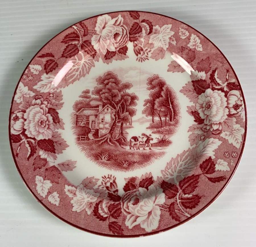 English Scenery Pink (Older, Smooth) Rim Fruit/Dessert (Sauce) Bowl by Wood & Sons-1