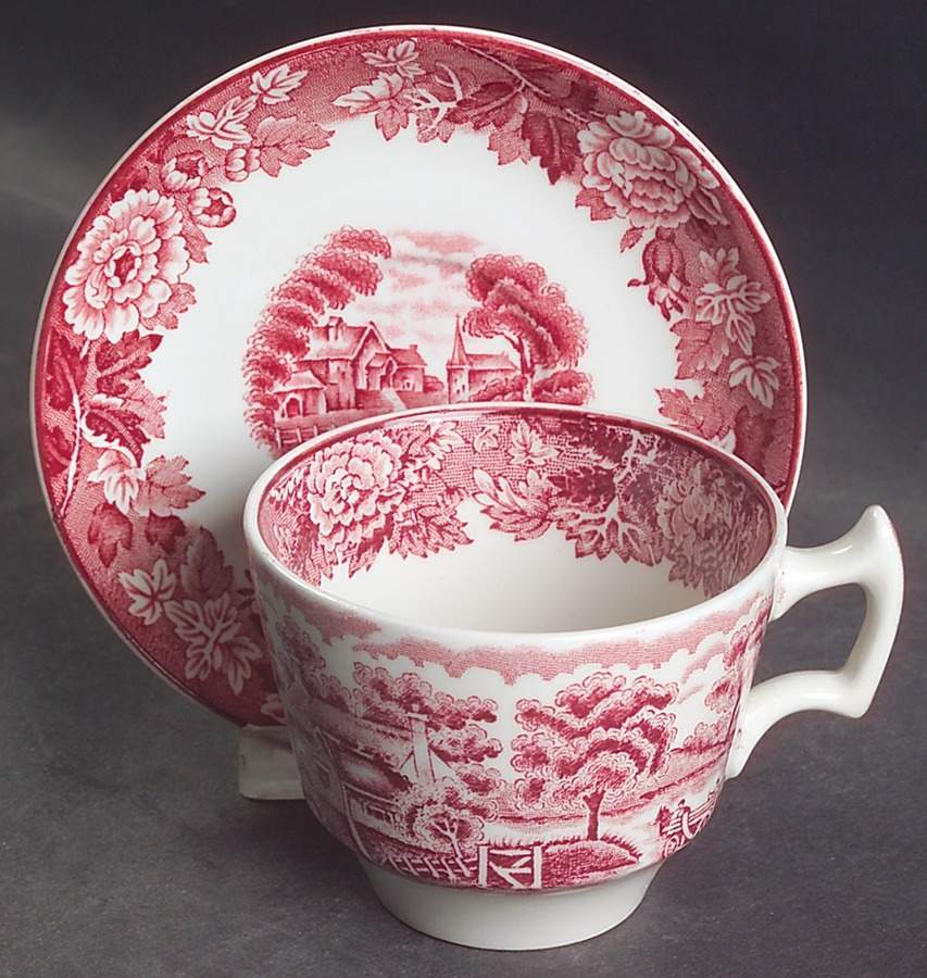 English Scenery Pink (Older, Smooth) Flat Demitasse Cup & Saucer Set by Wood & Sons-1