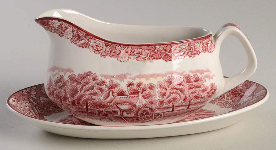 English Scenery Pink (Older, Smooth) Gravy Boat & Underplate by Wood & Sons-1