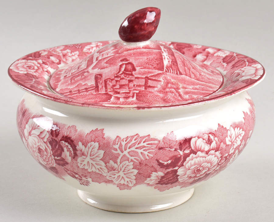 English Scenery Pink (Older, Smooth) Sugar Bowl & Lid by Wood & Sons-1