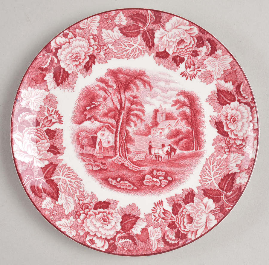 English Scenery Pink (Older, Smooth) Coupe Dessert Plate by Wood & Sons-1