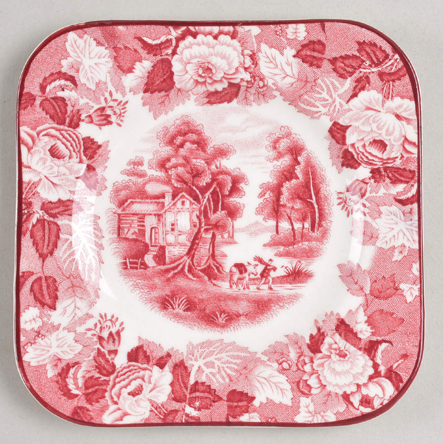 English Scenery Pink (Older, Smooth) Square Bread & Butter Plate by Wood & Sons-1