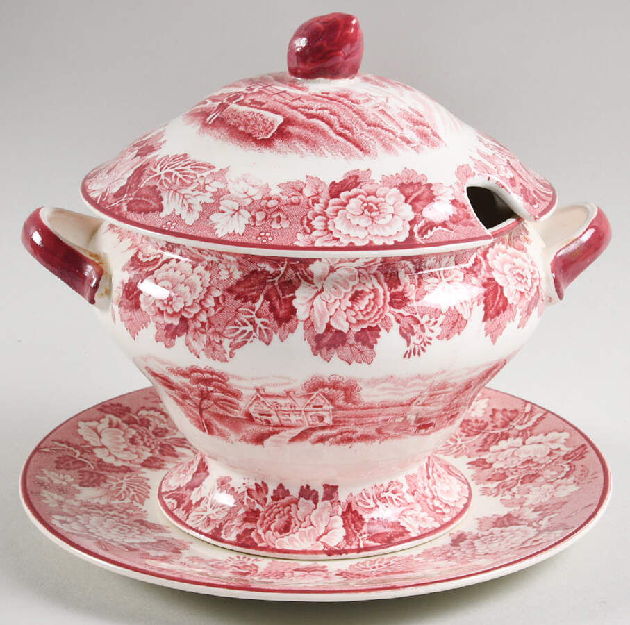 English Scenery Pink (Older, Smooth) Sauce Boat & Lid with Underplate by Wood & Sons-1