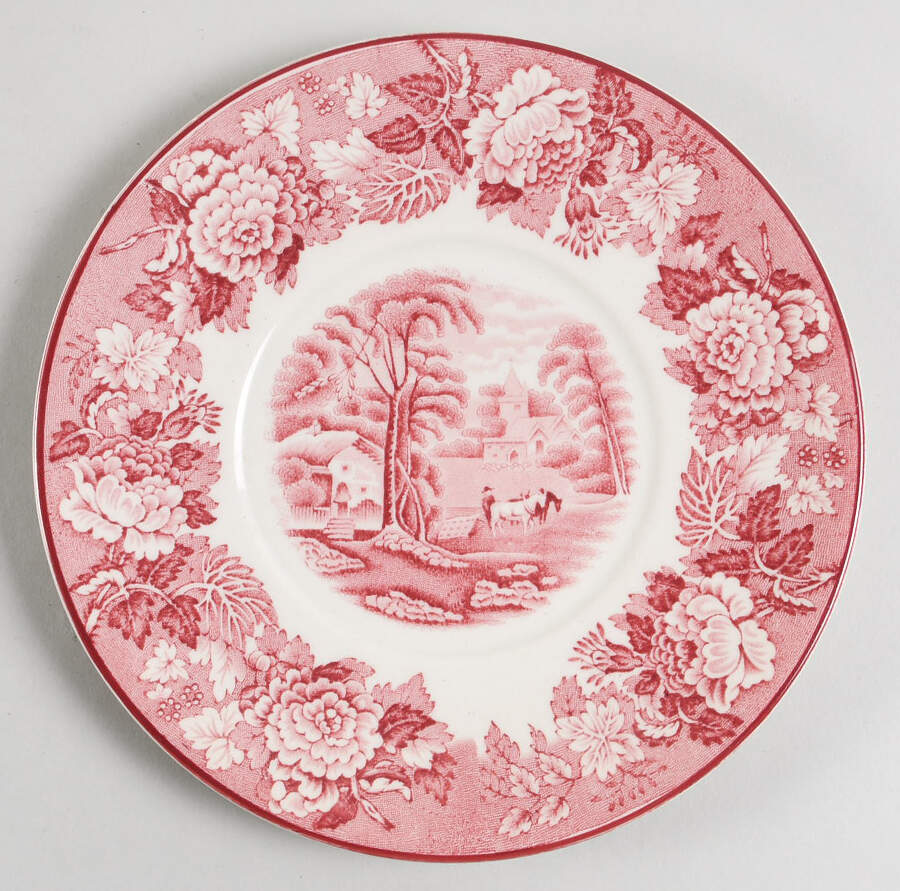 English Scenery Pink (Older, Smooth) Underplate for Sauce Boat by Wood & Sons-1