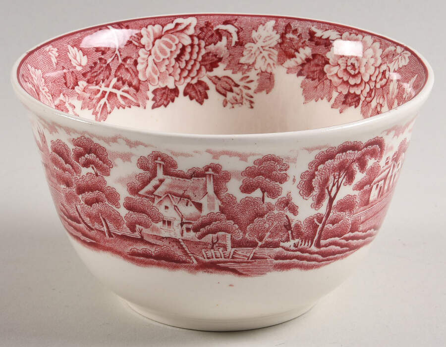 English Scenery Pink (Older, Smooth) Cranberry Bowl by Wood & Sons-1