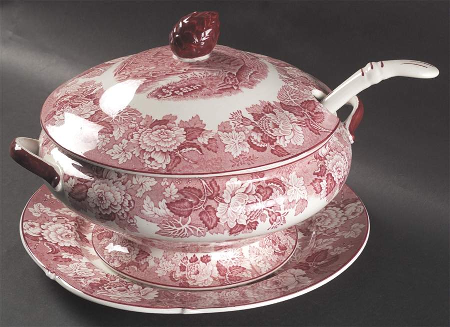 English Scenery Pink (Older, Smooth) Tureen & Lid W/Ladle & Underplate by Wood & Sons-1