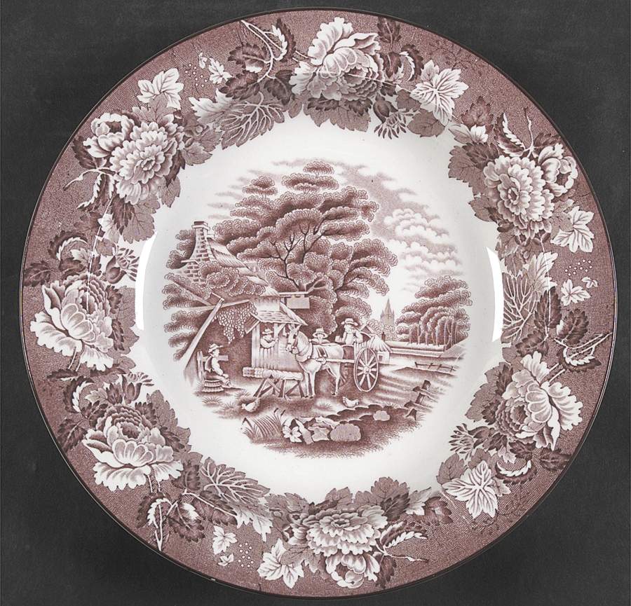 English Scenery Pink (Older, Smooth) Large Rim Soup Bowl by Wood & Sons-1