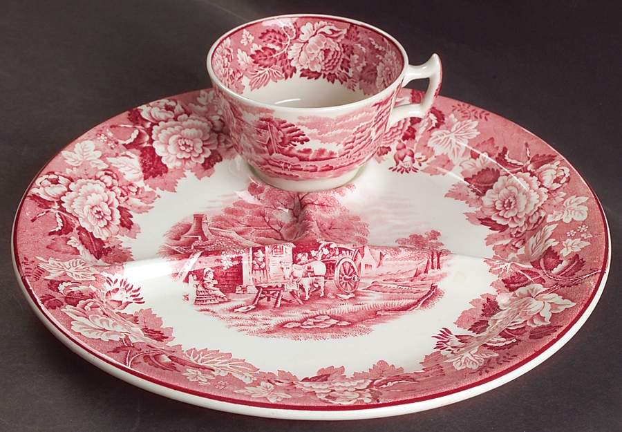 English Scenery Pink (Older, Smooth) Snack Plate & Cup Set by Wood & Sons-1