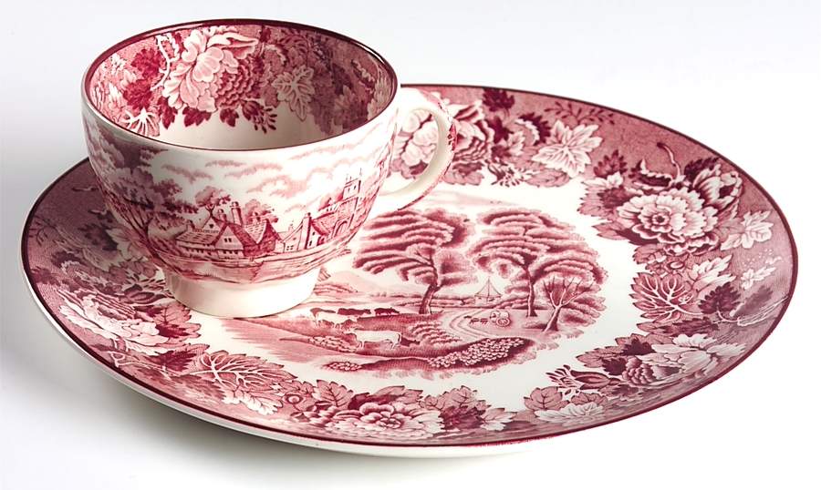 English Scenery Pink (Older, Smooth) Snack Plate & Cup Set by Wood & Sons-1