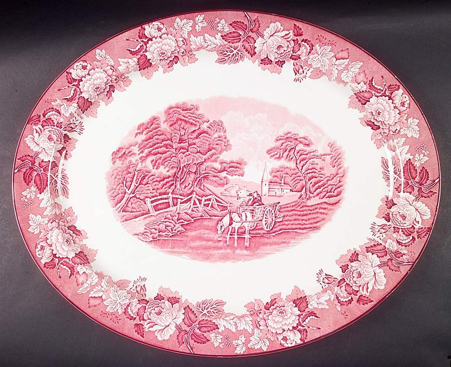 English Scenery Pink (Older, Smooth) 21" Oval Serving Platter by Wood & Sons-1