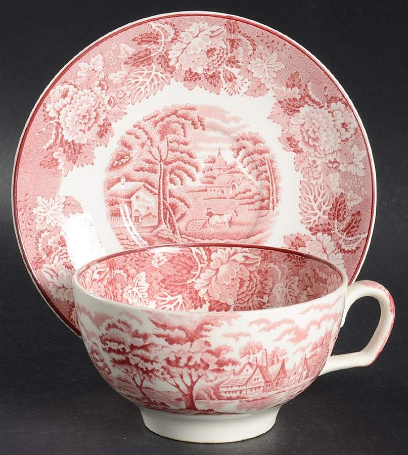 English Scenery Pink (Older, Smooth) Oversized Cup & Saucer Set by Wood & Sons-1