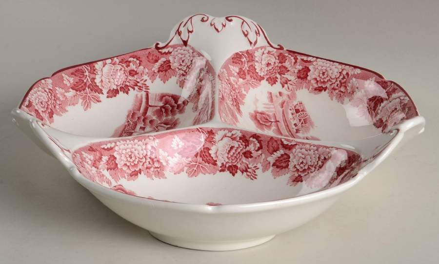 English Scenery Pink (Older, Smooth) 3-Part Relish by Wood & Sons-1