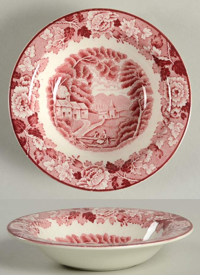 English Scenery Pink (Older, Smooth) Rim Fruit/Dessert (Sauce) Bowl by Wood & Sons-1