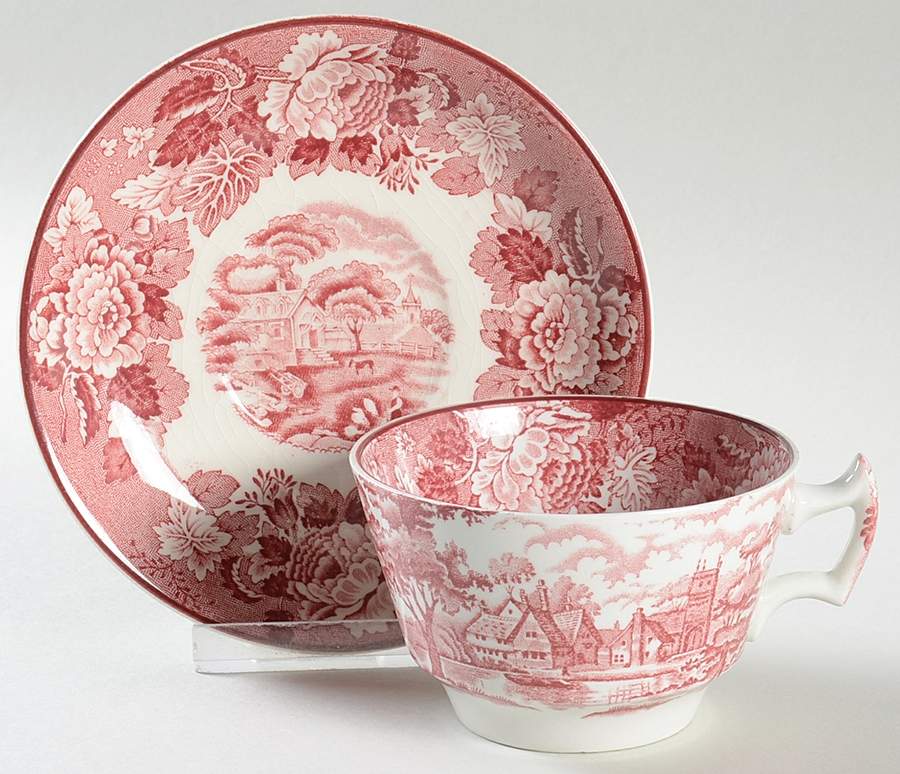 English Scenery Pink (Older, Smooth) Flat Cup & Saucer Set by Wood & Sons-1