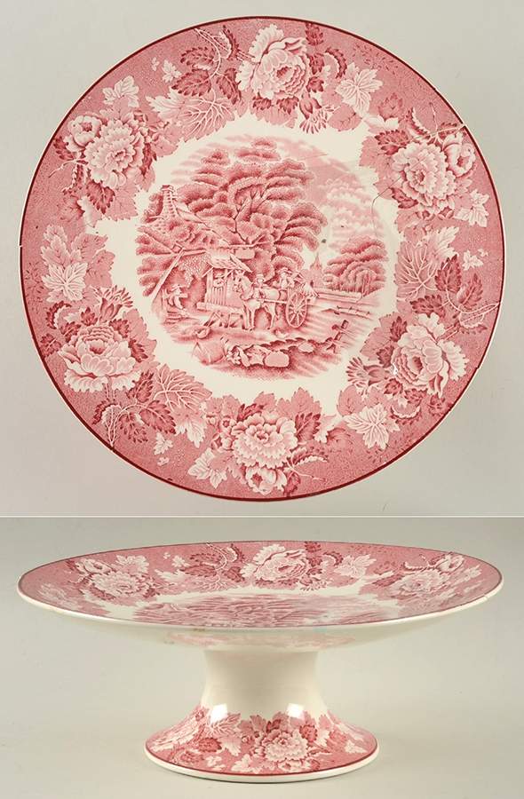 English Scenery Pink (Older, Smooth) 10" Diameter Pedestal Cake Stand by Wood & Sons-1