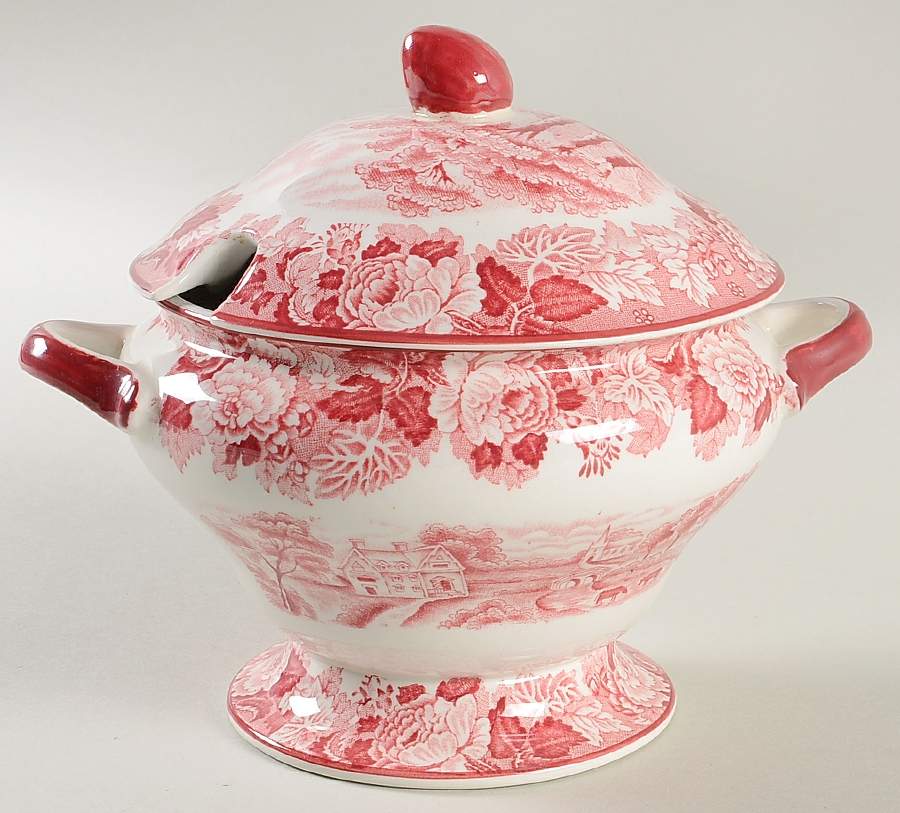 English Scenery Pink (Older, Smooth) Sauce Boat & Lid by Wood & Sons-1