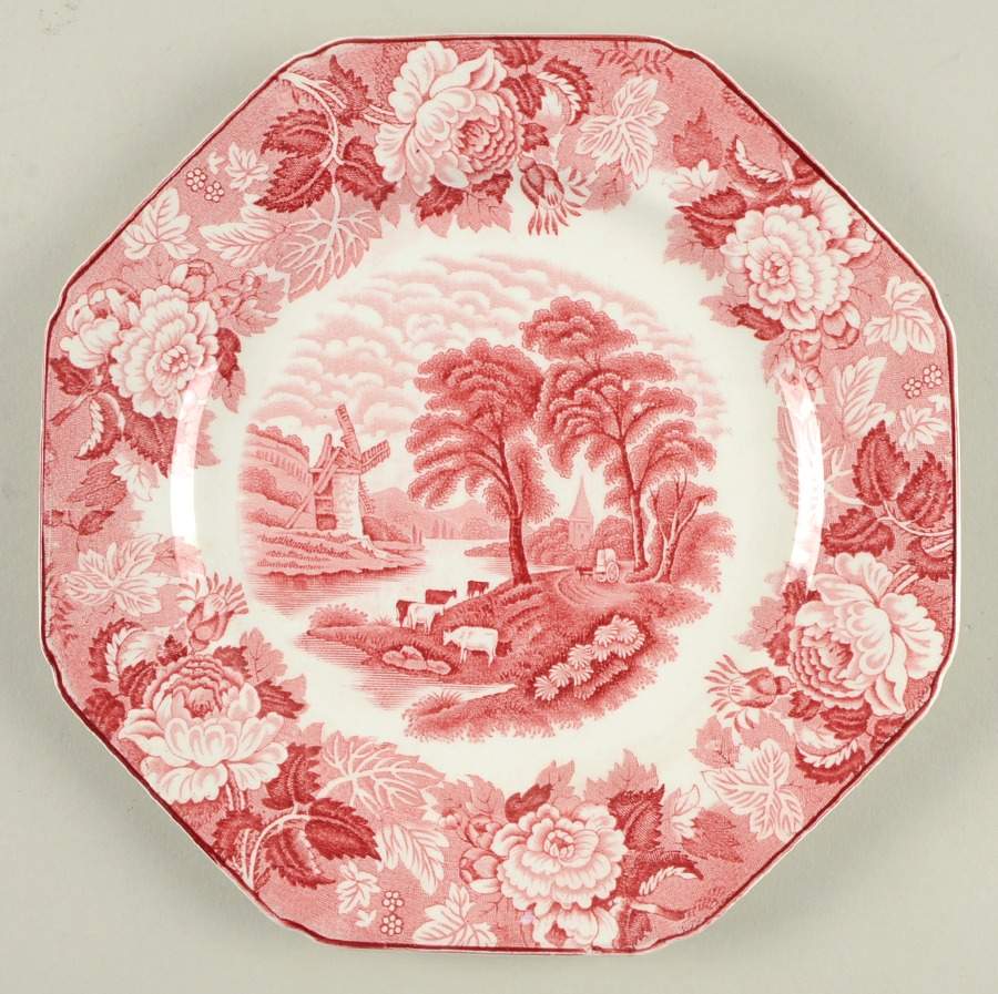 English Scenery Pink (Older, Smooth) Octagonal Luncheon Plate by Wood & Sons-1