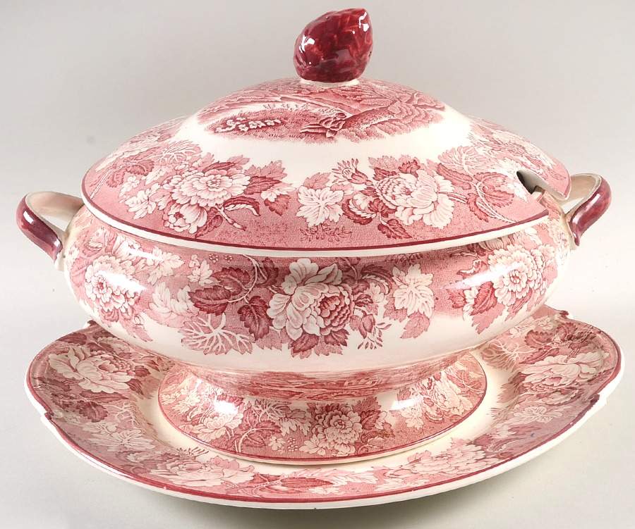English Scenery Pink (Older, Smooth) Tureen & Lid W/Underplate by Wood & Sons-1
