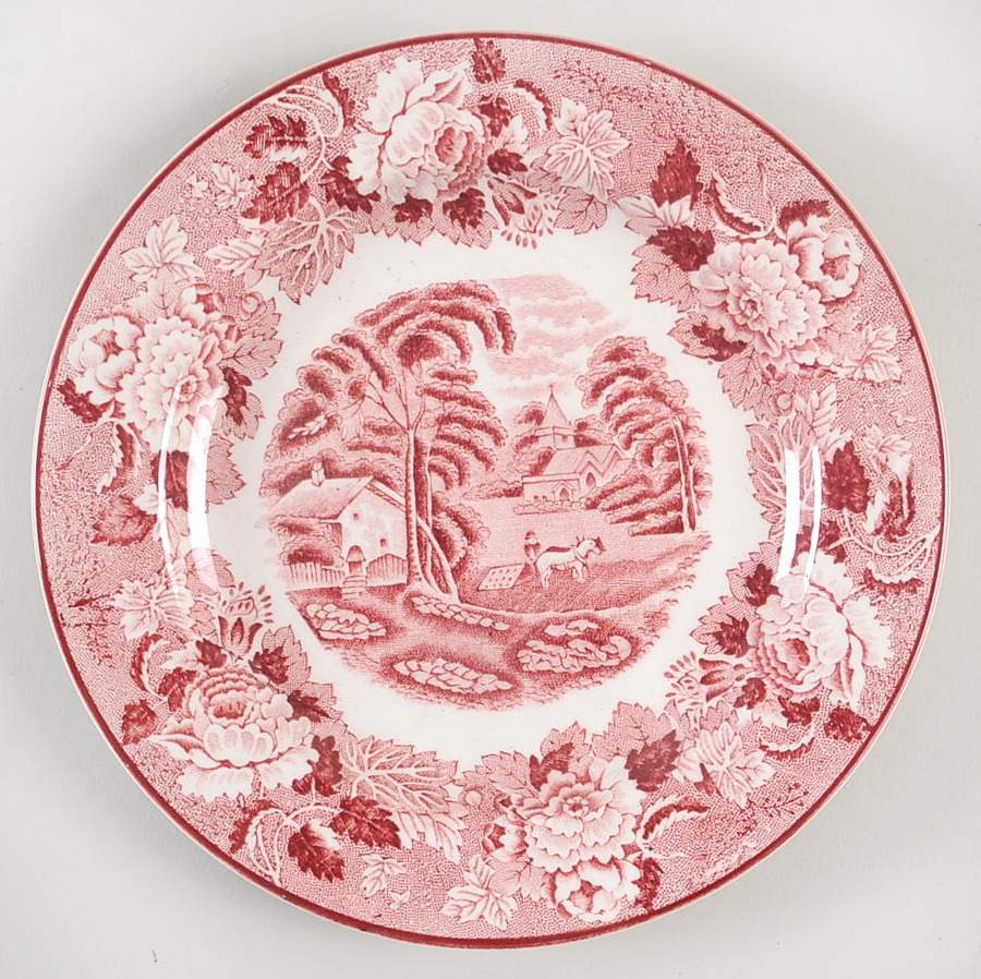 English Scenery Pink (Older, Smooth) Dessert/Pie Plate by Wood & Sons-1