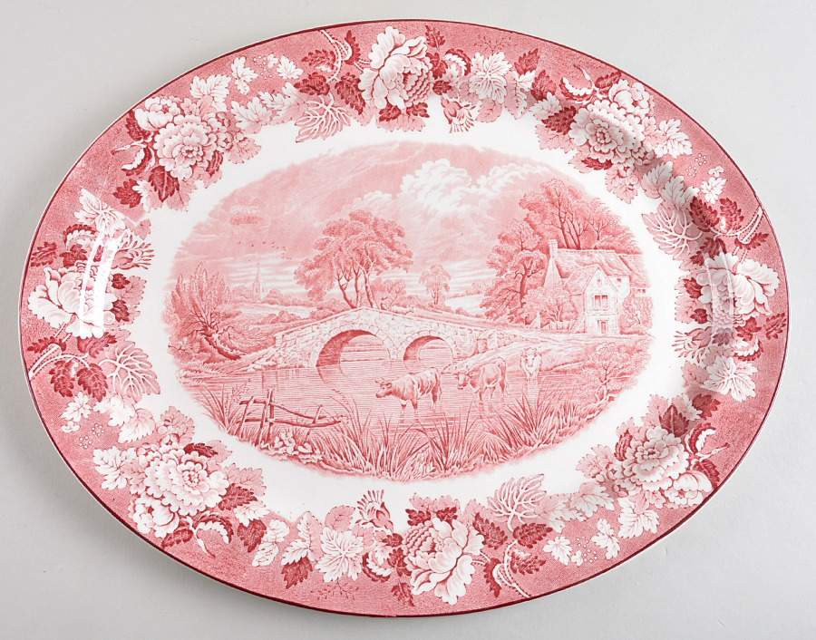 English Scenery Pink (Older, Smooth) 16" Oval Serving Platter by Wood & Sons-1