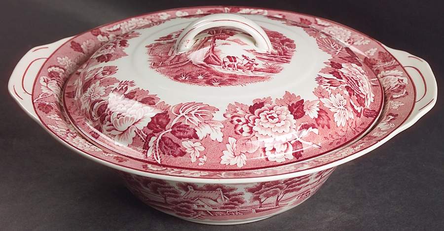 English Scenery Pink (Older, Smooth) Round Covered Vegetable by Wood & Sons-1