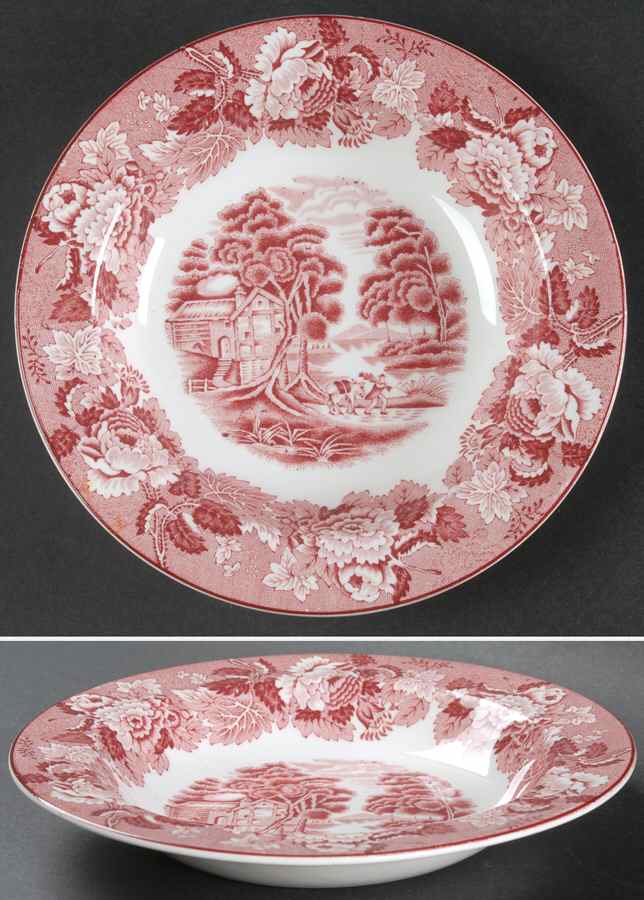 English Scenery Pink (Older, Smooth) Rim Soup Bowl by Wood & Sons-1